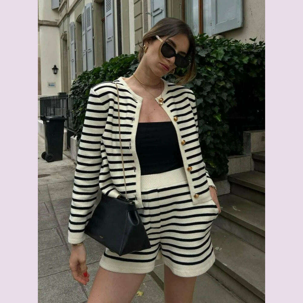 KIMLUD, Autumn Striped Single Breasted Knit Tops Shorts Women Sets Elegant Cardigan Sweater Two Piece Sets Womens Outifits Streetwear, KIMLUD Womens Clothes