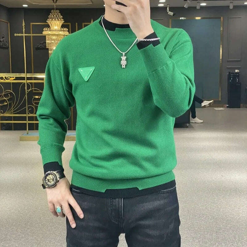 KIMLUD, Autumn Winter Casual Men's Sweater Long Sleeve Slim Knitted Pullovers Fashion Contrast Crew Neck Knitted Pullover Men Clothing, green / Asian size M, KIMLUD APPAREL - Womens Clothes