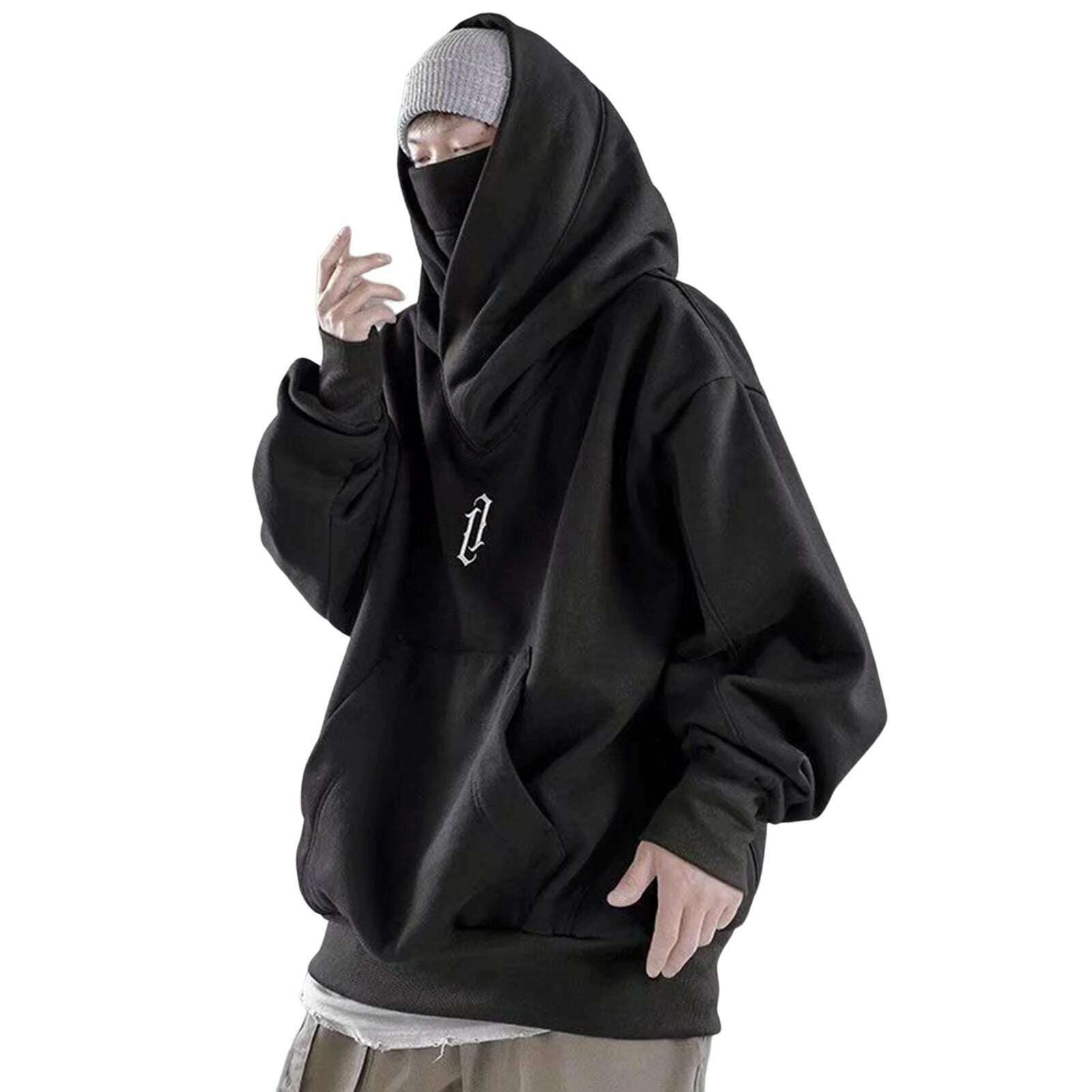 Autumn Winter High Collar Hoodie Pullover Loose Men Coat Tops Harajuku Hiphop Gothic Outwear Streetwear Fleece Hooded Sweatshirt - KIMLUD