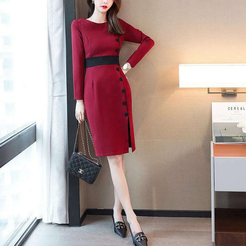 KIMLUD, Autumn Winter High Waist Buttons Bodycon Dress Women Elegant Fashion Evening Dresses Ladies Temperament Robe Vestido De Fiesta, Burgundy / S, KIMLUD Womens Clothes