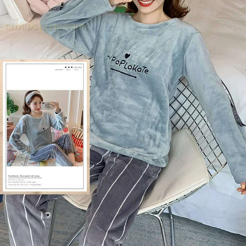 KIMLUD, Autumn Winter Kawaii Cartoon Pajama Sets Women Pyjamas Plaid Flannel Loung Sleepwear Girl Pijama Mujer Night Suits Homewear PJ, KIMLUD Womens Clothes