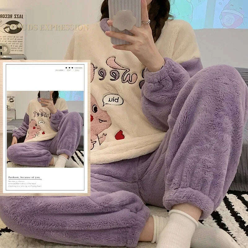 KIMLUD, Autumn Winter Kawaii Cartoon Pajama Sets Women Pyjamas Plaid Flannel Loung Sleepwear Girl Pijama Mujer Night Suits Homewear PJ, KIMLUD Womens Clothes