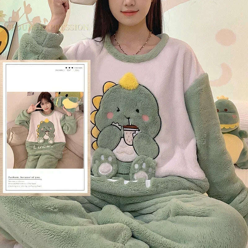 KIMLUD, Autumn Winter Kawaii Cartoon Pajama Sets Women Pyjamas Plaid Flannel Loung Sleepwear Girl Pijama Mujer Night Suits Homewear PJ, W19 NO POCKET / M / CHINA, KIMLUD Womens Clothes