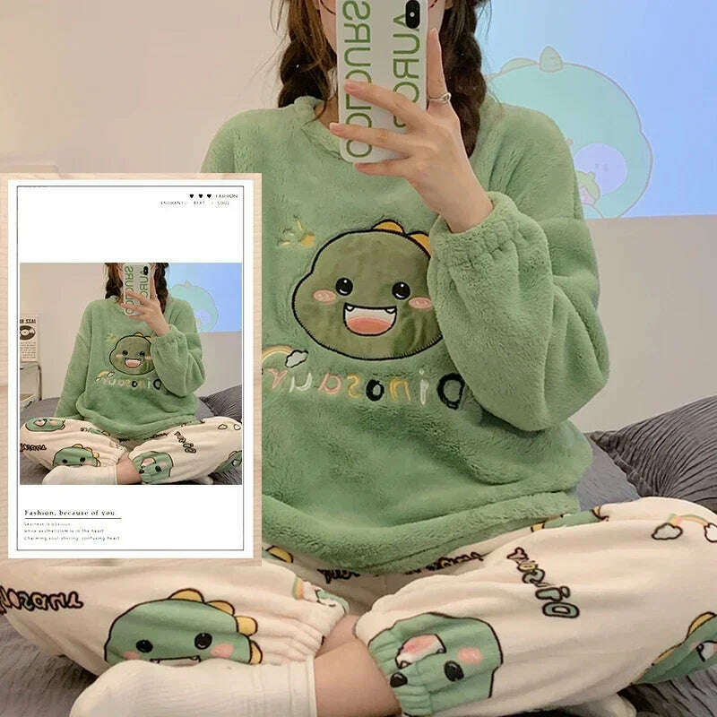 KIMLUD, Autumn Winter Kawaii Cartoon Pajama Sets Women Pyjamas Plaid Flannel Loung Sleepwear Girl Pijama Mujer Night Suits Homewear PJ, KIMLUD Womens Clothes