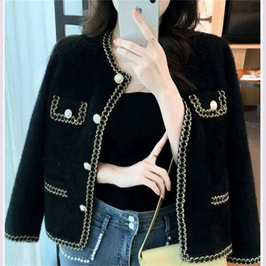 KIMLUD, Autumn Winter Korean O-Neck Loose Knitted Cardigan Female Fashion Outwear Elegant Imitation Mink Cashmere Sweater Jacket Women, black / S, KIMLUD APPAREL - Womens Clothes