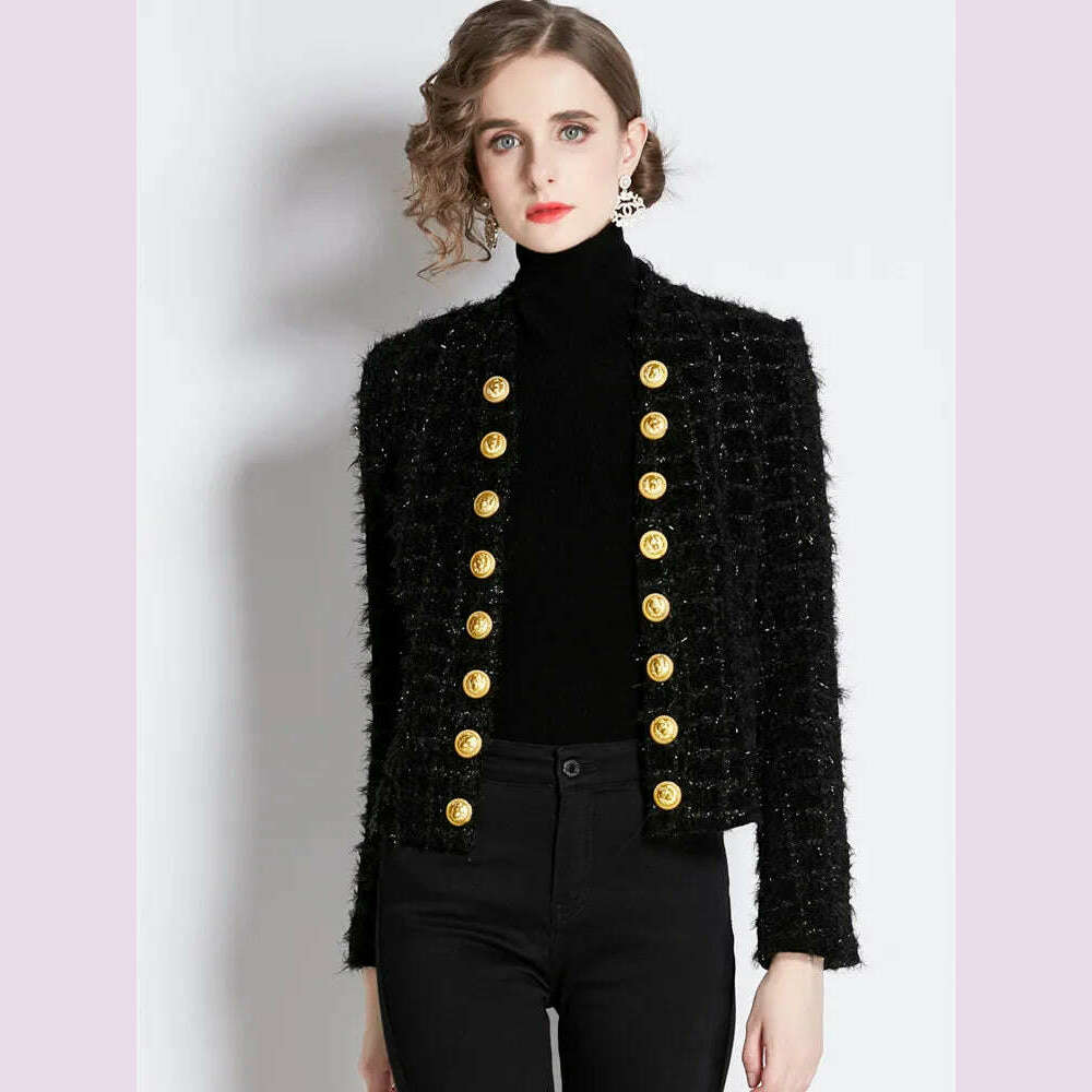 Autumn Winter New Metal Double Breasted Tassel Bright Silk Wool Jacket Coat Women Black Tweed Short Cardigan Slim Outwear Top - KIMLUD