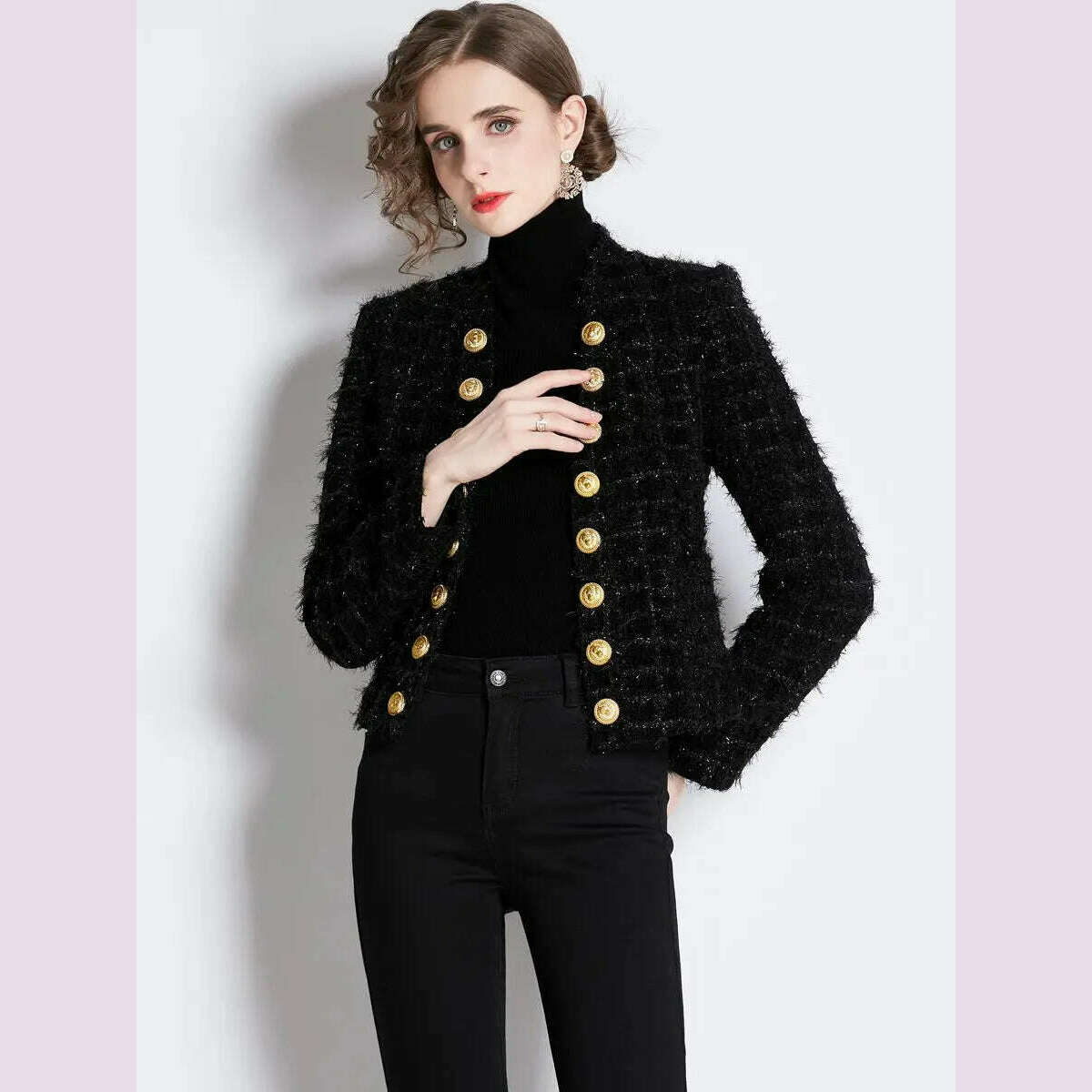 KIMLUD, Autumn Winter New Metal Double Breasted Tassel Bright Silk Wool Jacket Coat Women Black Tweed Short Cardigan Slim Outwear Top, KIMLUD Womens Clothes