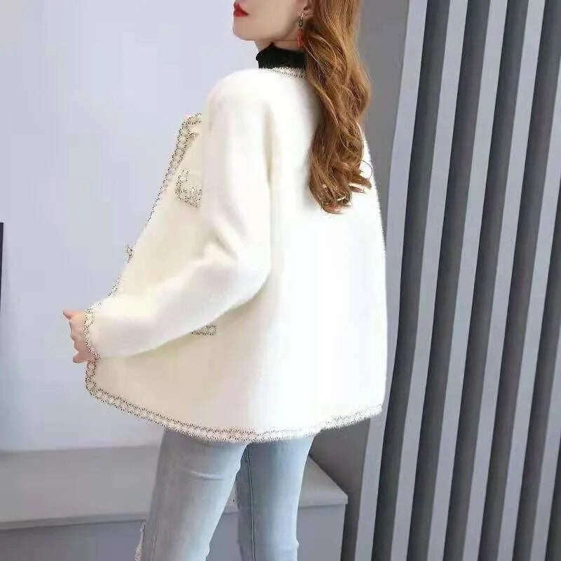 KIMLUD, Autumn Winter Thick Mink Cashmere Sweater Women Cardigan Korean Loose Short Long Sleeve Big Pocket Knitted Jacket Coat Female, KIMLUD Womens Clothes