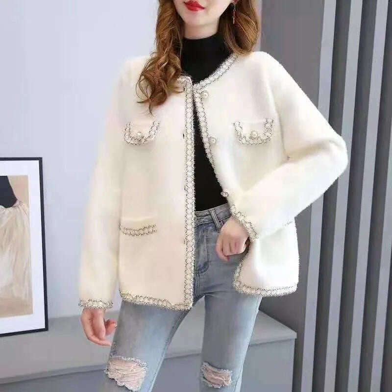 KIMLUD, Autumn Winter Thick Mink Cashmere Sweater Women Cardigan Korean Loose Short Long Sleeve Big Pocket Knitted Jacket Coat Female, Beige / One Size, KIMLUD APPAREL - Womens Clothes