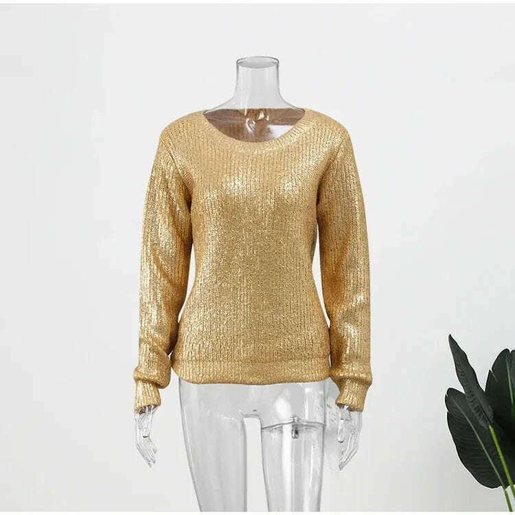 KIMLUD, Autumn Winter Women Fashion Gold Color Sweaters Causal Long Sleeve Bright Silk Knit Pullover Elegant Office Ladies Loose Jumpers, KIMLUD Womens Clothes