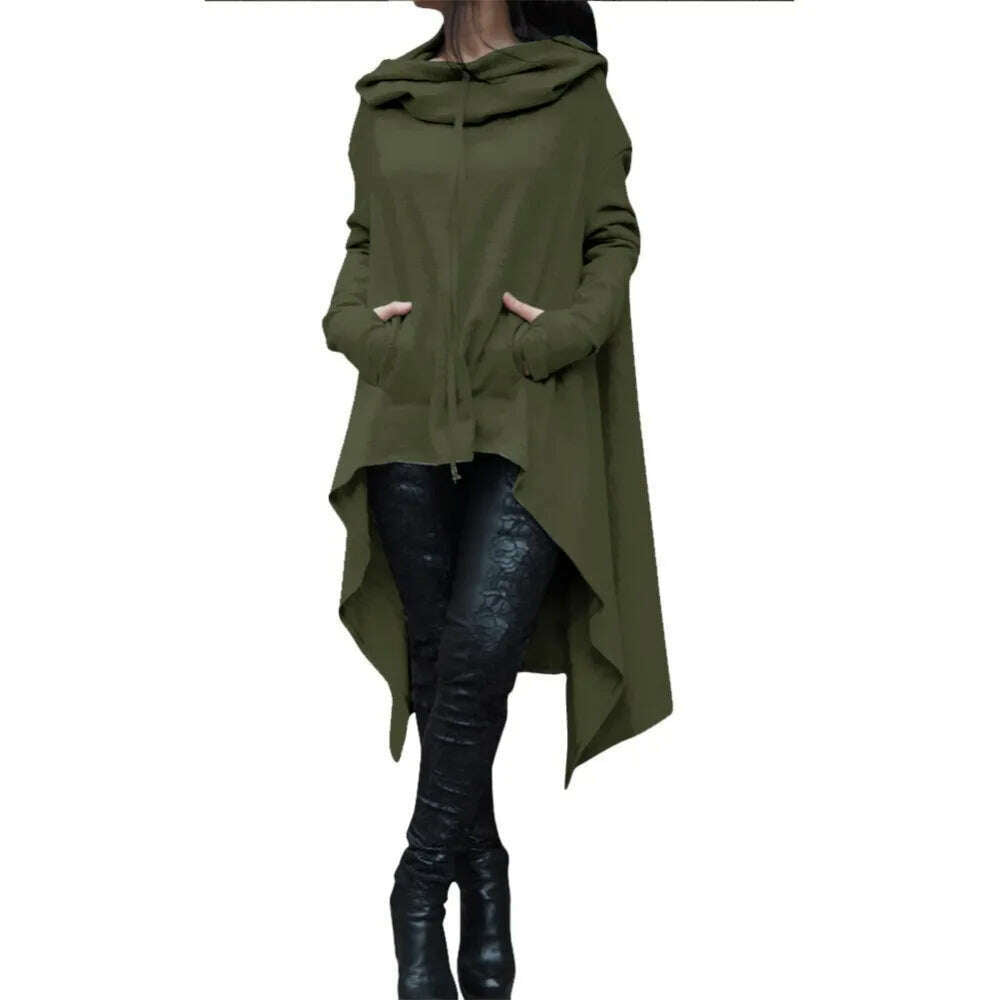 KIMLUD, Autumn Winter Women Irregular Draw Cord Coat Long Sleeve Loose Casual Poncho Hooded Pullover Long Hoodies Sweatshirts, KIMLUD Womens Clothes