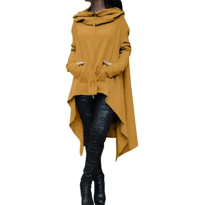 KIMLUD, Autumn Winter Women Irregular Draw Cord Coat Long Sleeve Loose Casual Poncho Hooded Pullover Long Hoodies Sweatshirts, KIMLUD Womens Clothes