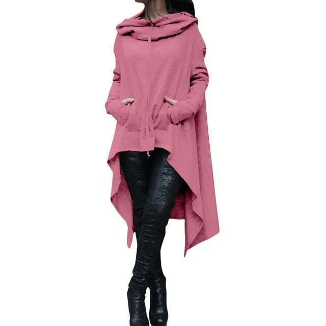 KIMLUD, Autumn Winter Women Irregular Draw Cord Coat Long Sleeve Loose Casual Poncho Hooded Pullover Long Hoodies Sweatshirts, Pink / M, KIMLUD APPAREL - Womens Clothes