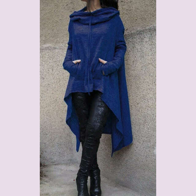 KIMLUD, Autumn Winter Women Irregular Draw Cord Coat Long Sleeve Loose Casual Poncho Hooded Pullover Long Hoodies Sweatshirts, Blue / XXL, KIMLUD APPAREL - Womens Clothes