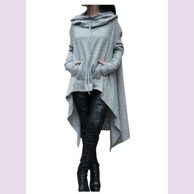 KIMLUD, Autumn Winter Women Irregular Draw Cord Coat Long Sleeve Loose Casual Poncho Hooded Pullover Long Hoodies Sweatshirts, GRAY / M, KIMLUD APPAREL - Womens Clothes