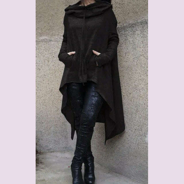 KIMLUD, Autumn Winter Women Irregular Draw Cord Coat Long Sleeve Loose Casual Poncho Hooded Pullover Long Hoodies Sweatshirts, black / XL, KIMLUD APPAREL - Womens Clothes