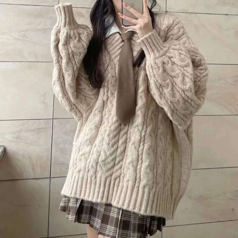 Autumn Winter Women Sweater Harajuku Oversized Long Sleeve V Neck Knitted Pullover Korean Loose Solid Preppy All Match Jumper - KIMLUD