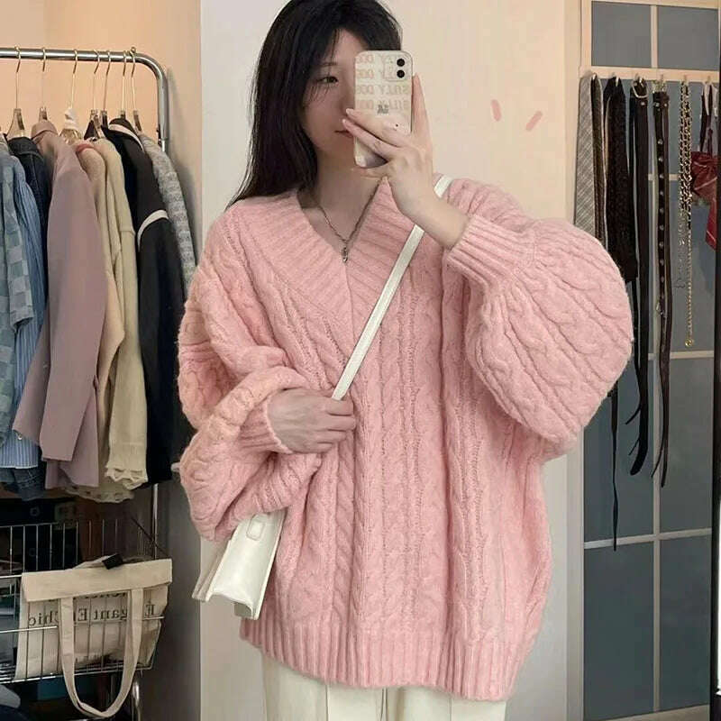 Autumn Winter Women Sweater Harajuku Oversized Long Sleeve V Neck Knitted Pullover Korean Loose Solid Preppy All Match Jumper - KIMLUD