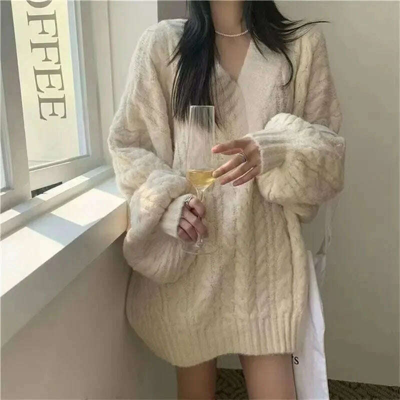 Autumn Winter Women Sweater Harajuku Oversized Long Sleeve V Neck Knitted Pullover Korean Loose Solid Preppy All Match Jumper - KIMLUD