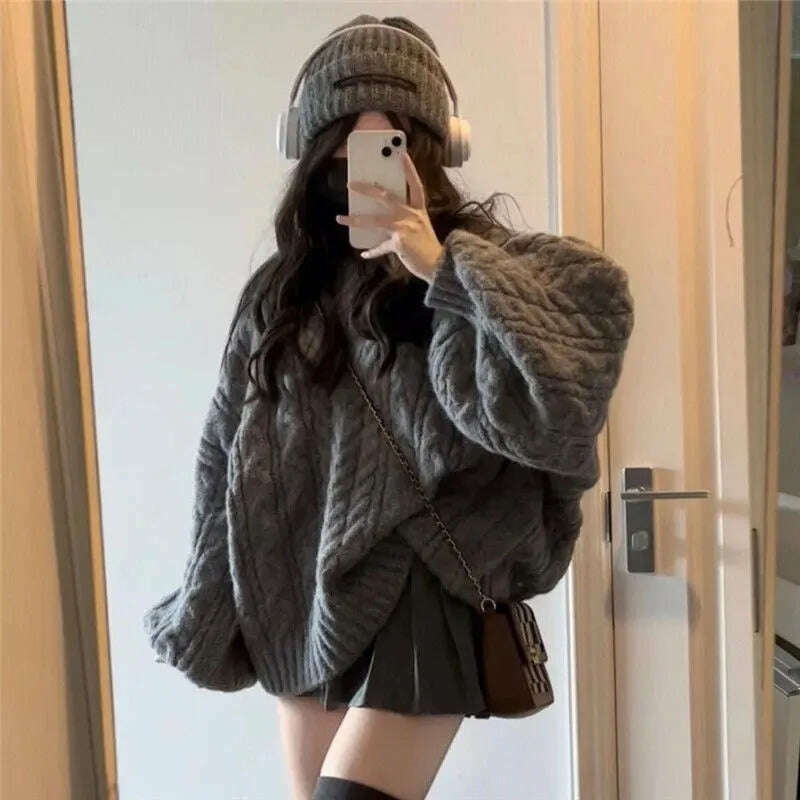 Autumn Winter Women Sweater Harajuku Oversized Long Sleeve V Neck Knitted Pullover Korean Loose Solid Preppy All Match Jumper - KIMLUD