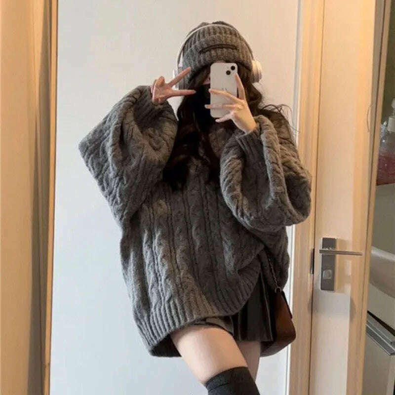 Autumn Winter Women Sweater Harajuku Oversized Long Sleeve V Neck Knitted Pullover Korean Loose Solid Preppy All Match Jumper - KIMLUD