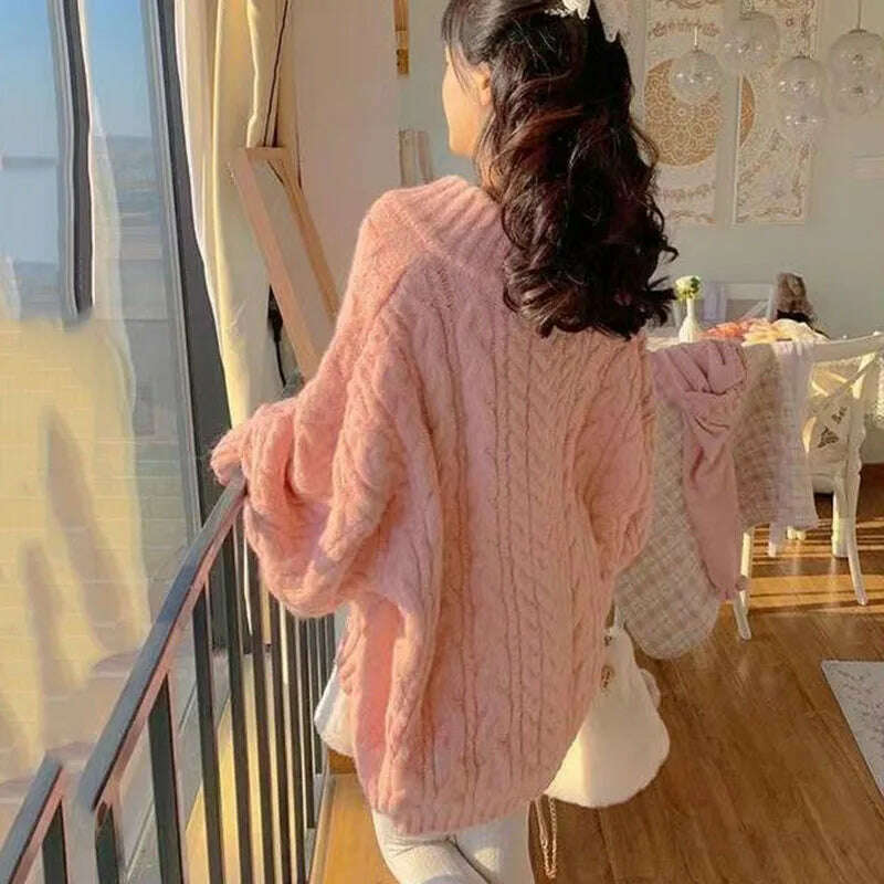 Autumn Winter Women Sweater Harajuku Oversized Long Sleeve V Neck Knitted Pullover Korean Loose Solid Preppy All Match Jumper - KIMLUD