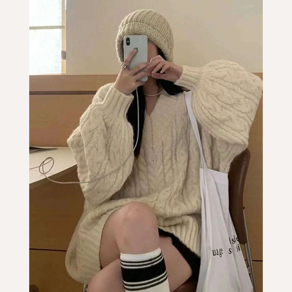 Autumn Winter Women Sweater Harajuku Oversized Long Sleeve V Neck Knitted Pullover Korean Loose Solid Preppy All Match Jumper - KIMLUD