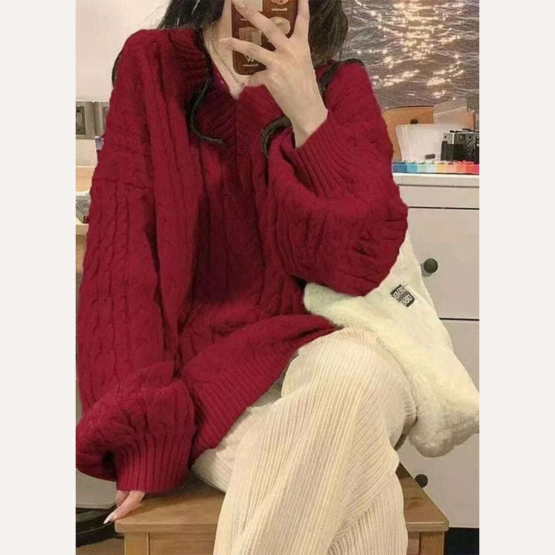 Autumn Winter Women Sweater Harajuku Oversized Long Sleeve V Neck Knitted Pullover Korean Loose Solid Preppy All Match Jumper - KIMLUD