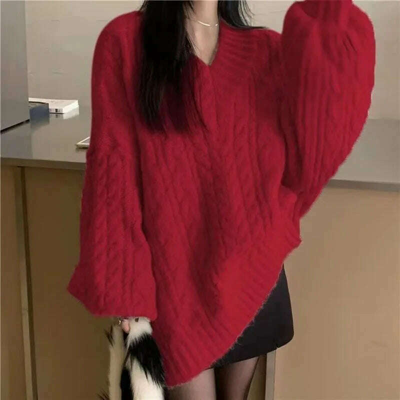 Autumn Winter Women Sweater Harajuku Oversized Long Sleeve V Neck Knitted Pullover Korean Loose Solid Preppy All Match Jumper - KIMLUD