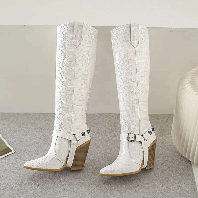 KIMLUD, Autumn Women Boots Fashion Buckle Knee High Boots Pu Leather Wedges High Heel Long Boots Pointed Toe Winter Woman Shoes, White / 5, KIMLUD Womens Clothes