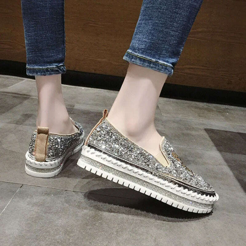 KIMLUD, Autumn Women Thick Bottom Sneaker Running Fashion Designer Woman Shoes Trend 2023 Casual Canvas Mirror Luxury Rhinestone Spring, KIMLUD Womens Clothes