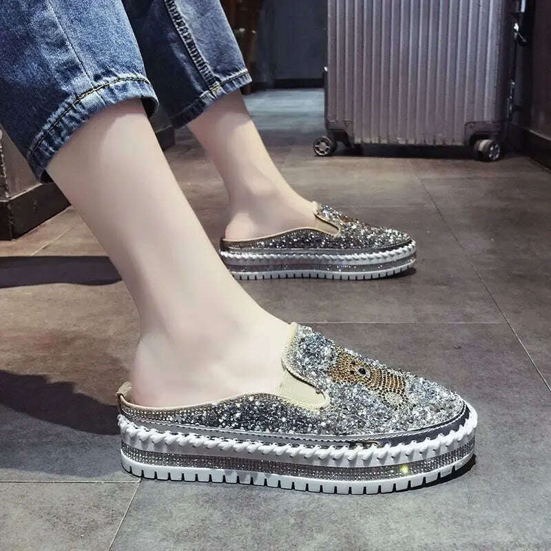 KIMLUD, Autumn Women Thick Bottom Sneaker Running Fashion Designer Woman Shoes Trend 2023 Casual Canvas Mirror Luxury Rhinestone Spring, 01 Silver 3cm heel / 34, KIMLUD Womens Clothes