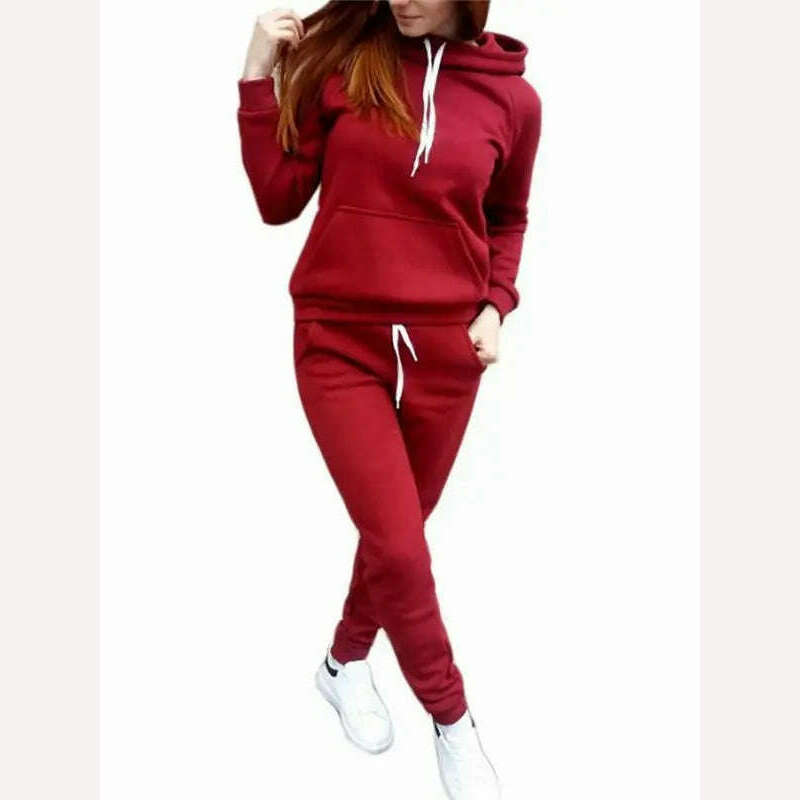 KIMLUD, Autumn Women's Fleece Tracksuit 2 Pieces Set Pullover Hoodies+Pants Sport Suit Female Winter Warm Sweatshirt Suit for Woman, Red / L, KIMLUD Womens Clothes