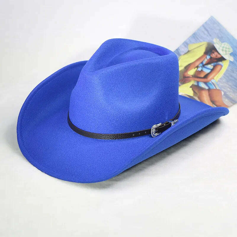 Autumn/Winter 2023 New Western Men's Woolen Cowboy hat Metal Buckle Autumn/Winter Imitation Wool Vintage Knight Hat chapeu cowb - KIMLUD