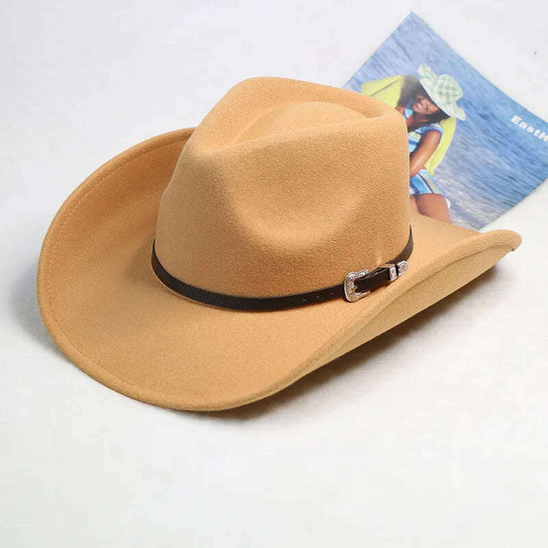 Autumn/Winter 2023 New Western Men's Woolen Cowboy hat Metal Buckle Autumn/Winter Imitation Wool Vintage Knight Hat chapeu cowb - KIMLUD