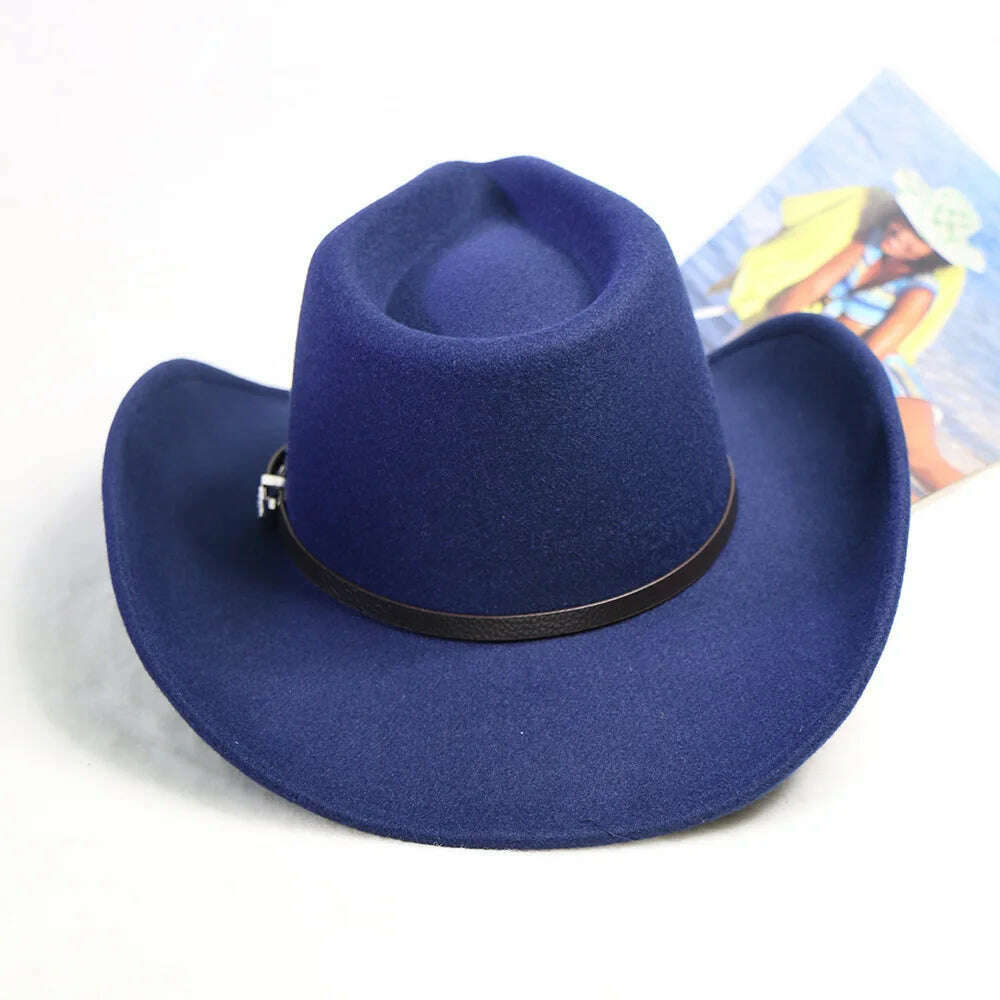 Autumn/Winter 2023 New Western Men's Woolen Cowboy hat Metal Buckle Autumn/Winter Imitation Wool Vintage Knight Hat chapeu cowb - KIMLUD