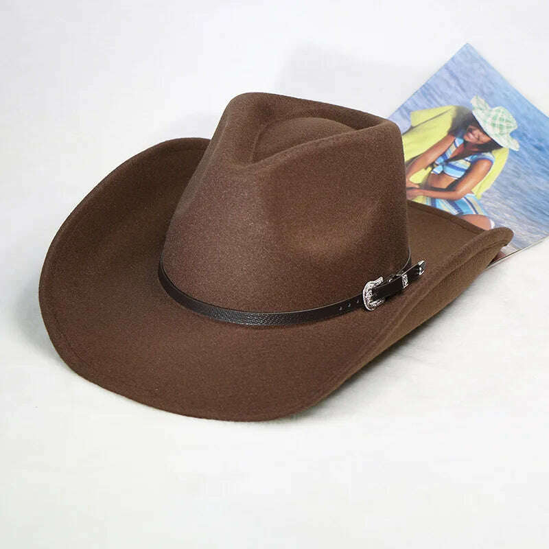 Autumn/Winter 2023 New Western Men's Woolen Cowboy hat Metal Buckle Autumn/Winter Imitation Wool Vintage Knight Hat chapeu cowb - KIMLUD