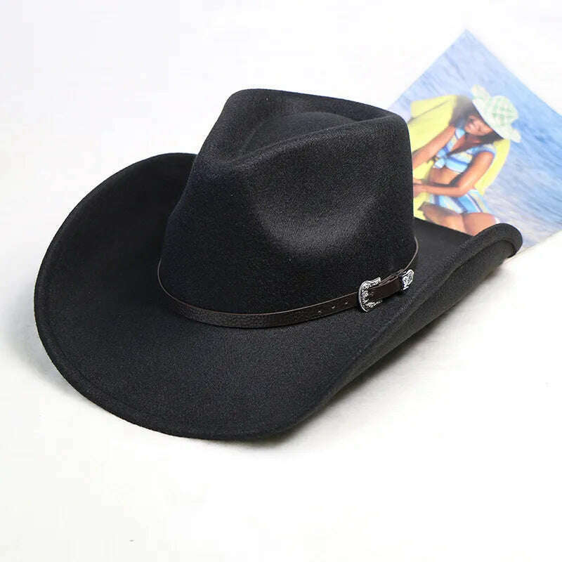 Autumn/Winter 2023 New Western Men's Woolen Cowboy hat Metal Buckle Autumn/Winter Imitation Wool Vintage Knight Hat chapeu cowb - KIMLUD