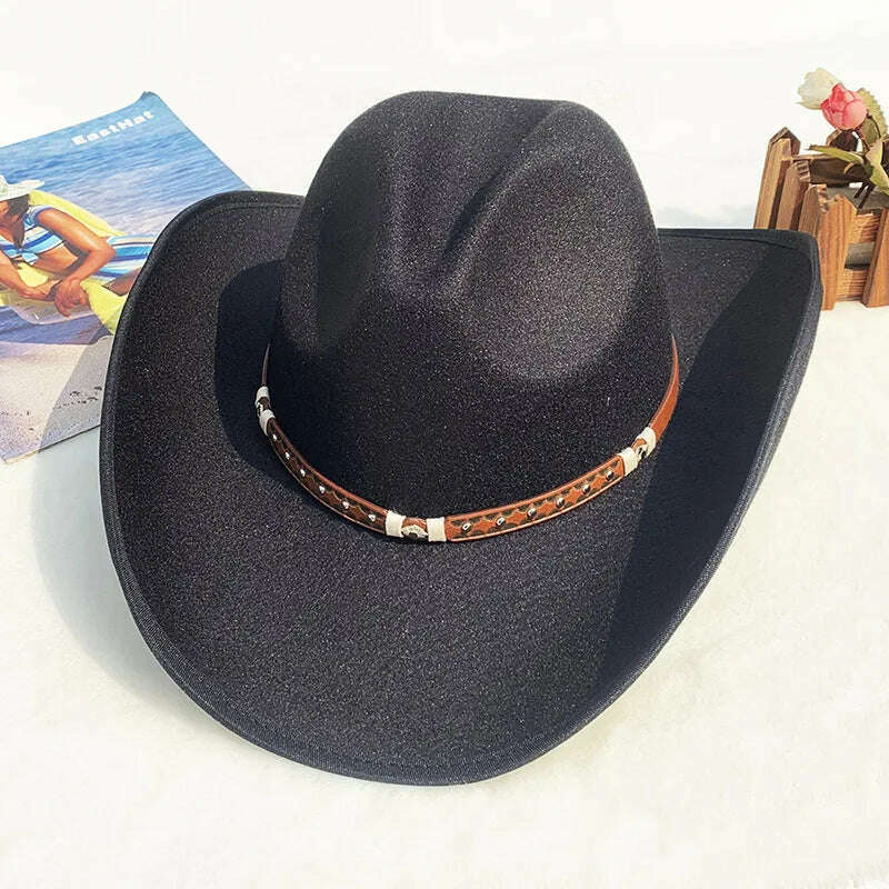 Autumn/Winter 2023 New Western Men's Woolen Cowboy hat Metal Buckle Autumn/Winter Imitation Wool Vintage Knight Hat chapeu cowb - KIMLUD