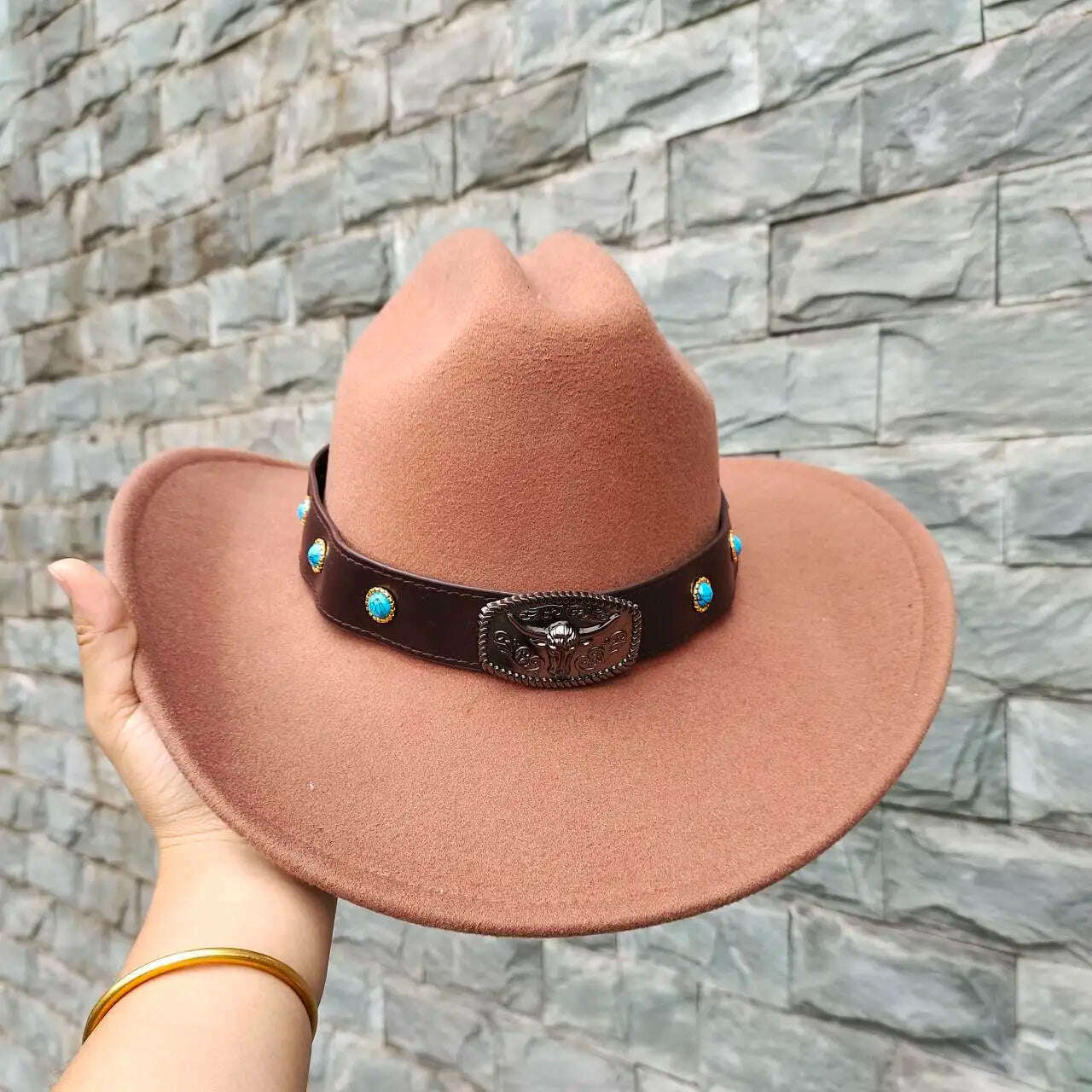 Autumn/Winter 2023 New Western Men's Woolen Cowboy hat Metal Buckle Autumn/Winter Imitation Wool Vintage Knight Hat chapeu cowb - KIMLUD