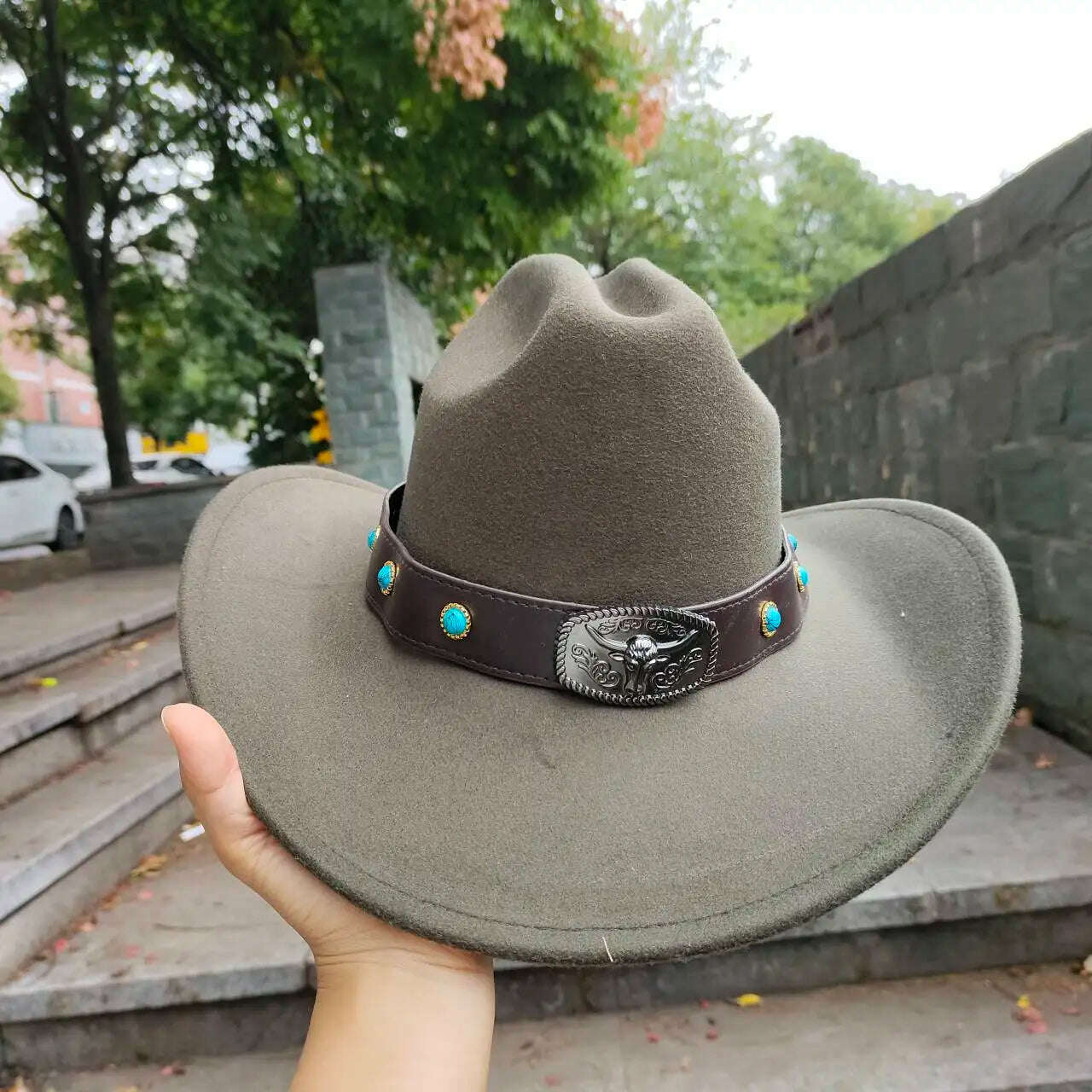 Autumn/Winter 2023 New Western Men's Woolen Cowboy hat Metal Buckle Autumn/Winter Imitation Wool Vintage Knight Hat chapeu cowb - KIMLUD