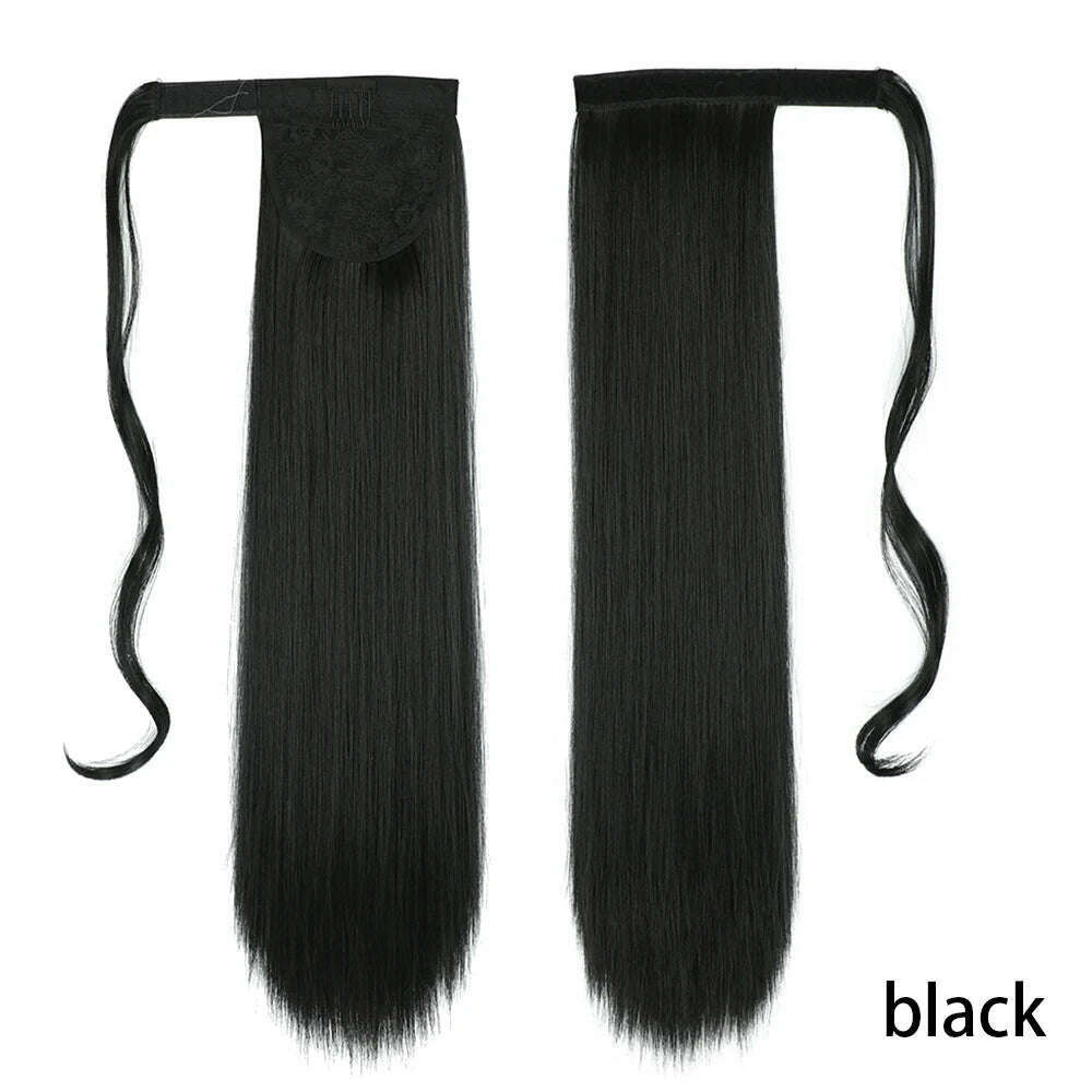 AZIR Synthetic Long Straight Wrap Around Clip on Ponytail Hair Extension Heat Resistant Pony Tail Fake Hair Brown Gray - KIMLUD