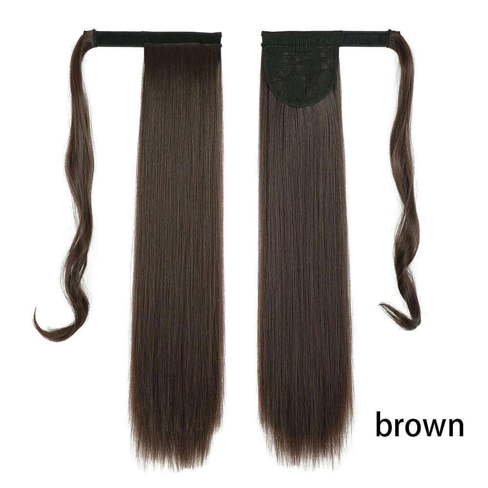 AZIR Synthetic Long Straight Wrap Around Clip on Ponytail Hair Extension Heat Resistant Pony Tail Fake Hair Brown Gray - KIMLUD