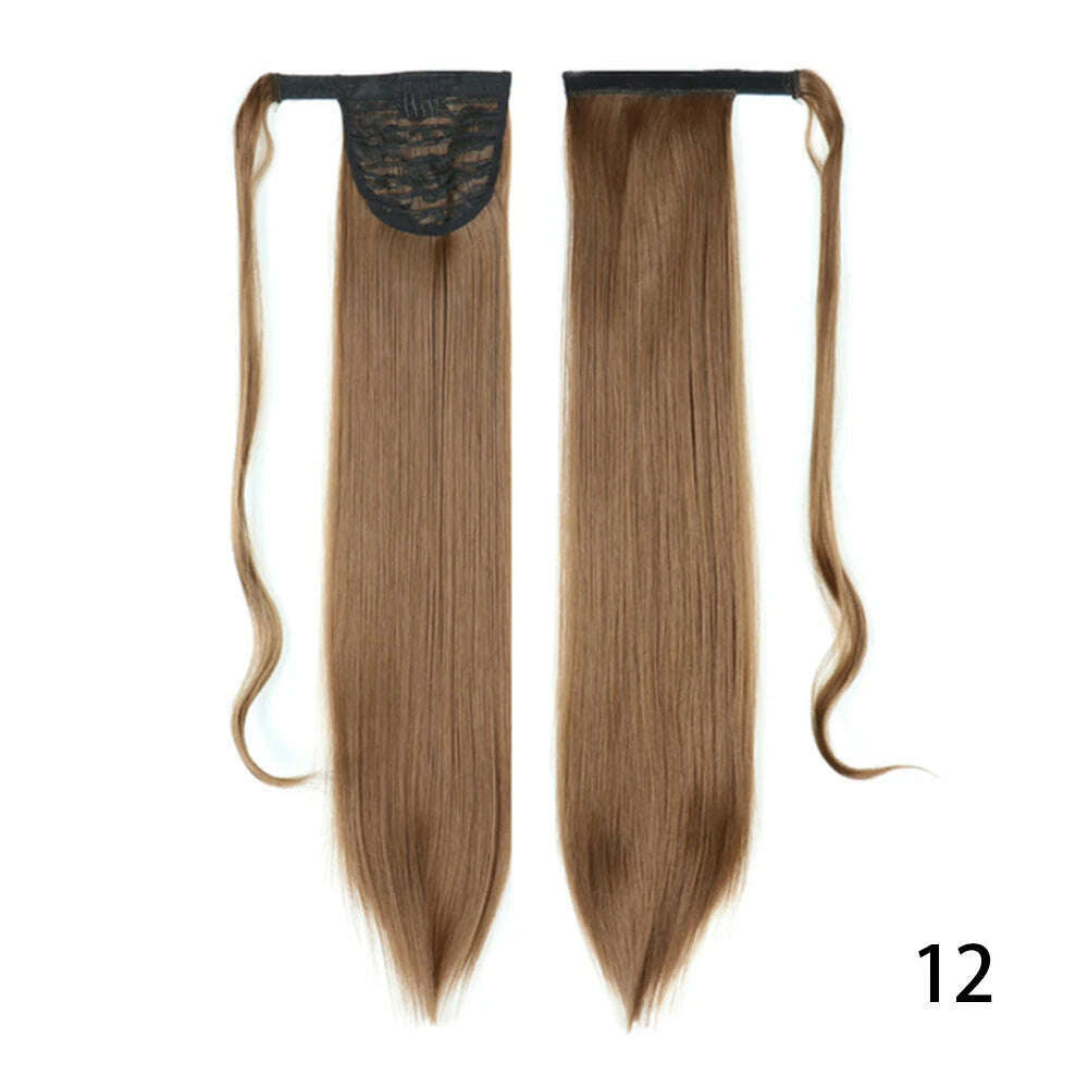 AZIR Synthetic Long Straight Wrap Around Clip on Ponytail Hair Extension Heat Resistant Pony Tail Fake Hair Brown Gray - KIMLUD