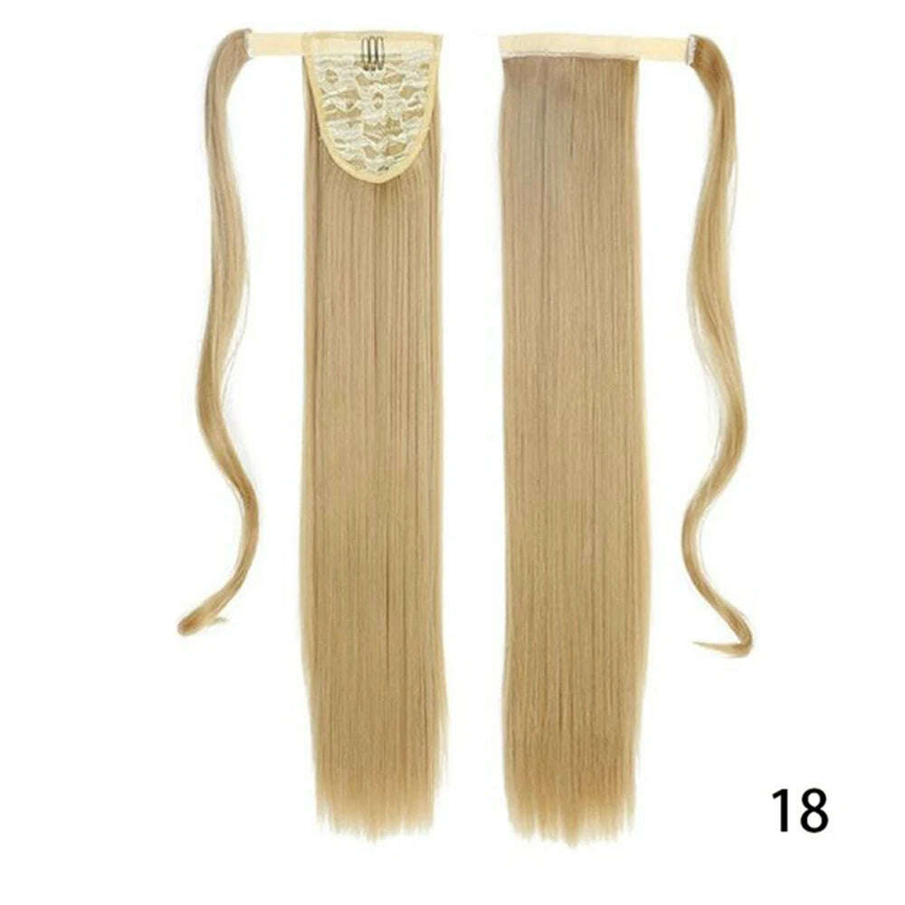 AZIR Synthetic Long Straight Wrap Around Clip on Ponytail Hair Extension Heat Resistant Pony Tail Fake Hair Brown Gray - KIMLUD