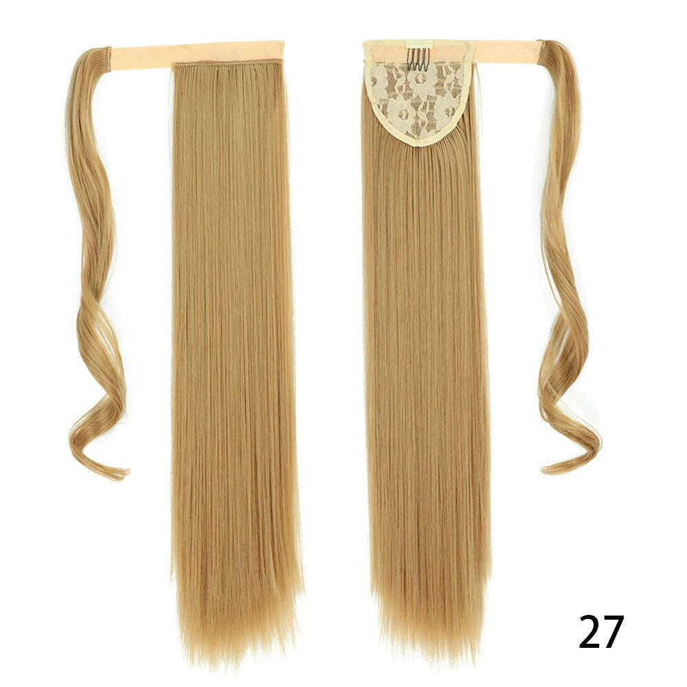 AZIR Synthetic Long Straight Wrap Around Clip on Ponytail Hair Extension Heat Resistant Pony Tail Fake Hair Brown Gray - KIMLUD