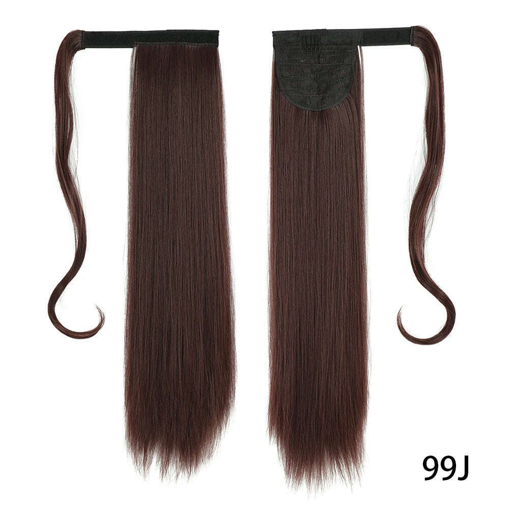 AZIR Synthetic Long Straight Wrap Around Clip on Ponytail Hair Extension Heat Resistant Pony Tail Fake Hair Brown Gray - KIMLUD