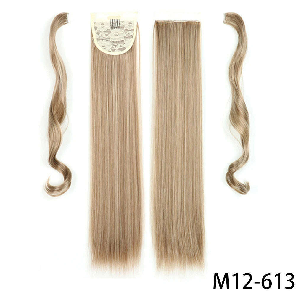 AZIR Synthetic Long Straight Wrap Around Clip on Ponytail Hair Extension Heat Resistant Pony Tail Fake Hair Brown Gray - KIMLUD