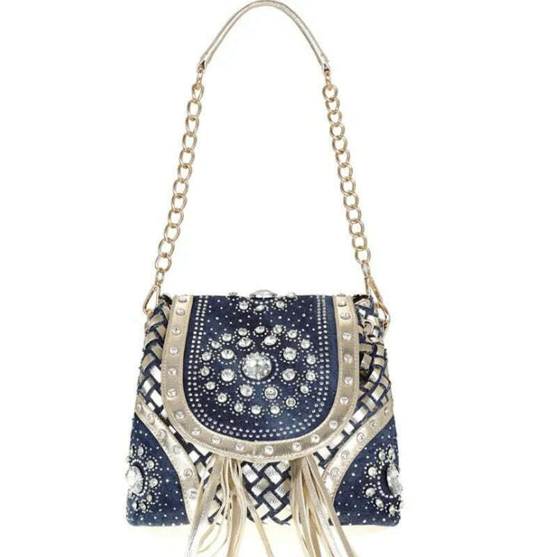 Bag handbags new 2022 fashion denim bag canvas multi-function bag woven belt diamond bag single shoulder tassel bag - KIMLUD