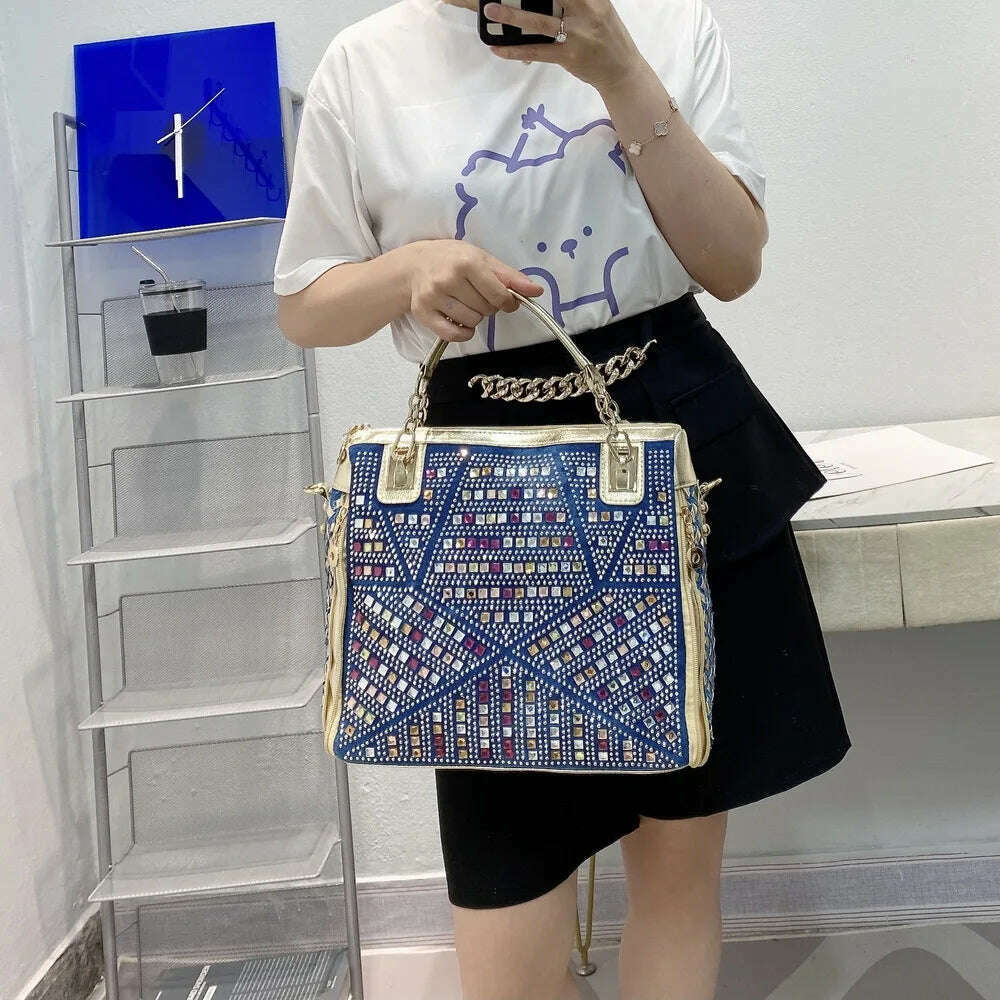 Bag women 2022 new women&#39;s bag denim colored diamond shoulder messenger bag casual luxury design tote bag - KIMLUD